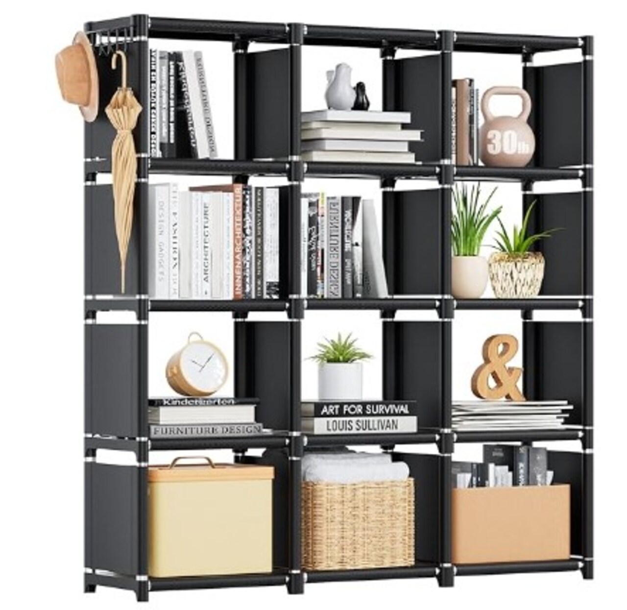 12 Cube Storage Organizer, DIY Bookcase, Metal Bookshelf, Tall Book Case for Bedroom, Living Room,Office,Closet, Black Cubicle Rack